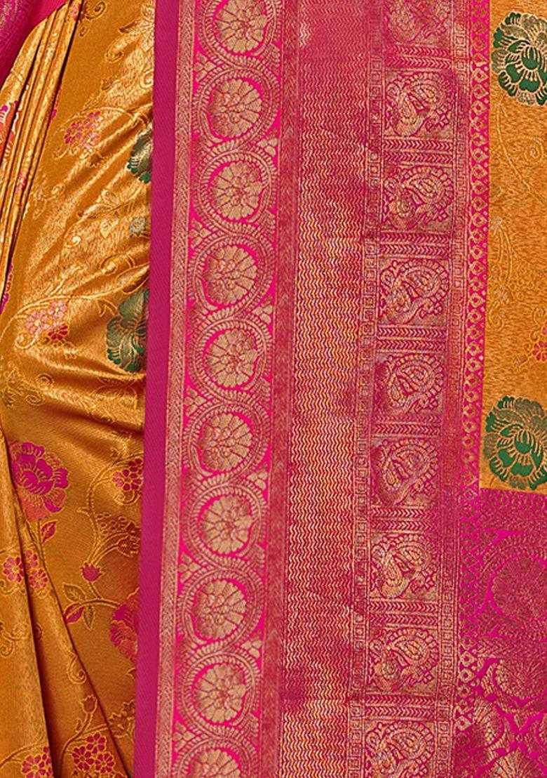 Yellow Floral Print Woven Poly Blend Saree Set
