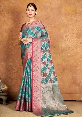 Sea Green Printed Woven Poly Blend Saree Set