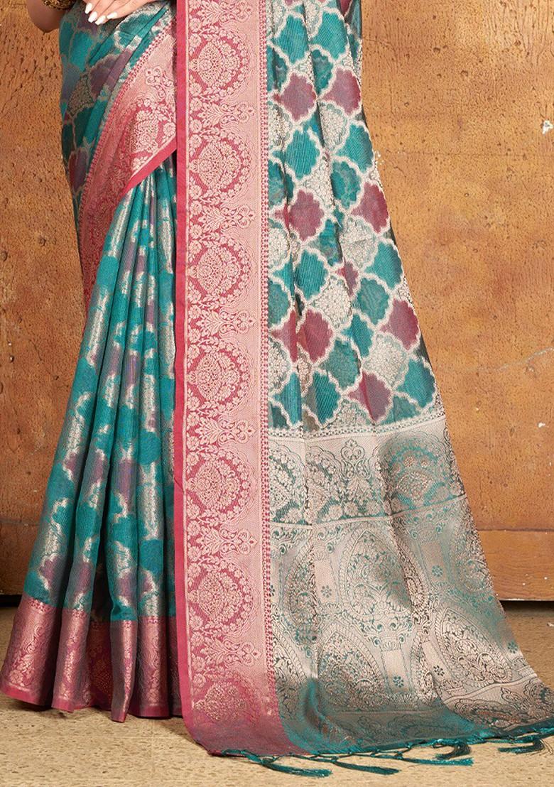 Sea Green Printed Woven Poly Blend Saree Set