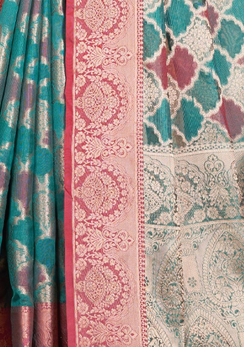 Sea Green Printed Woven Poly Blend Saree Set