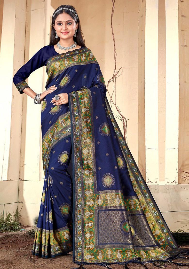 Blue Printed Woven Poly Blend Saree Set