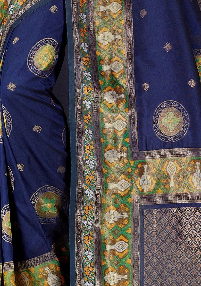 Blue Printed Woven Poly Blend Saree Set
