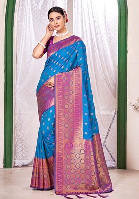 Blue Printed Woven Poly Blend Saree Set