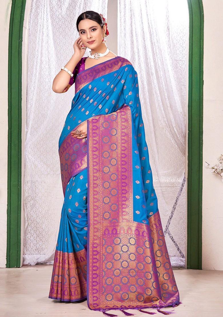Blue Printed Woven Poly Blend Saree Set