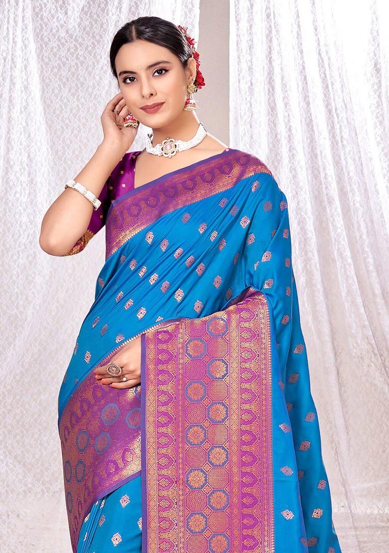 Blue Printed Woven Poly Blend Saree Set