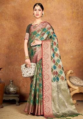 Green Printed Woven Poly Blend Saree Set