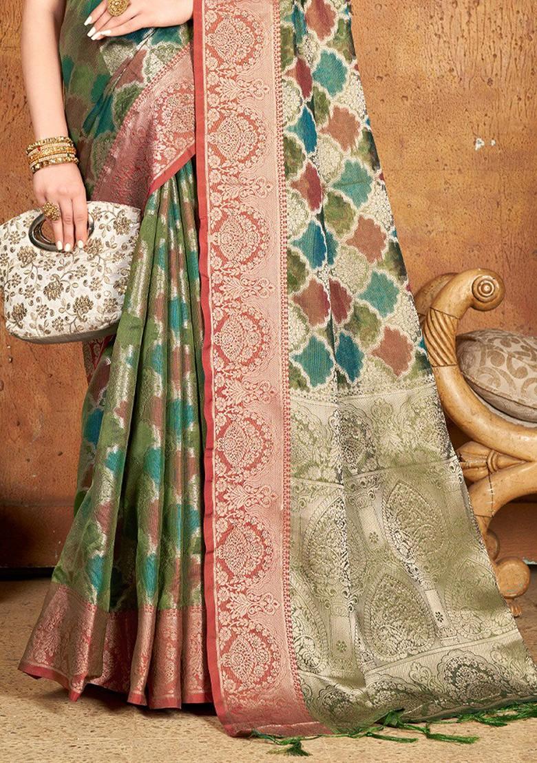 Green Printed Woven Poly Blend Saree Set