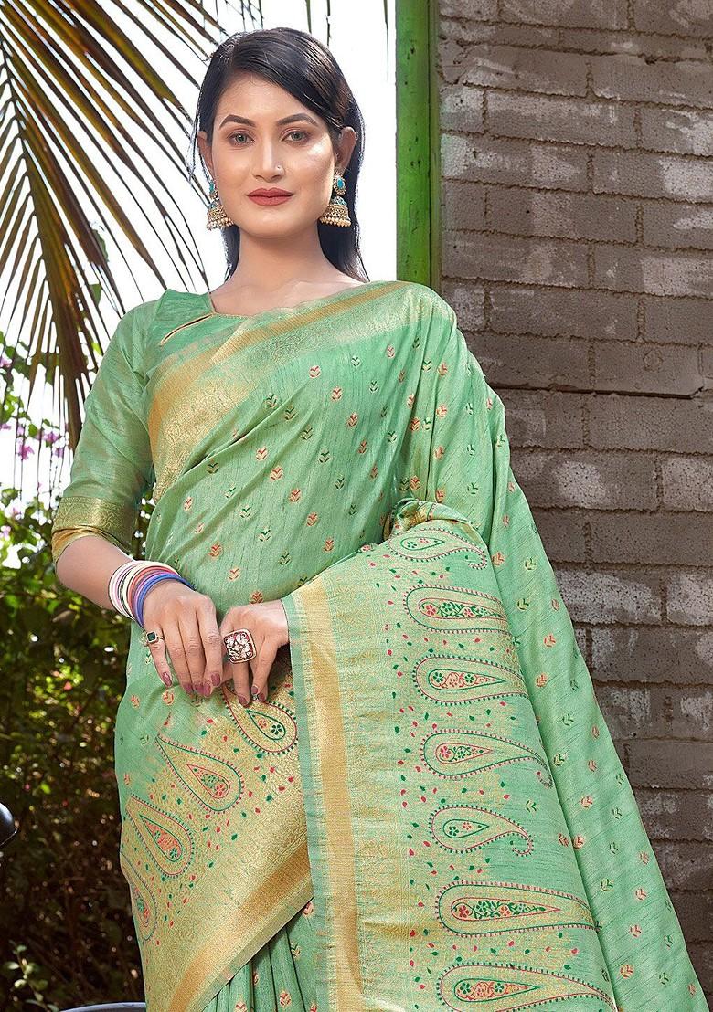 Sea Green Printed Woven Poly Blend Saree Set