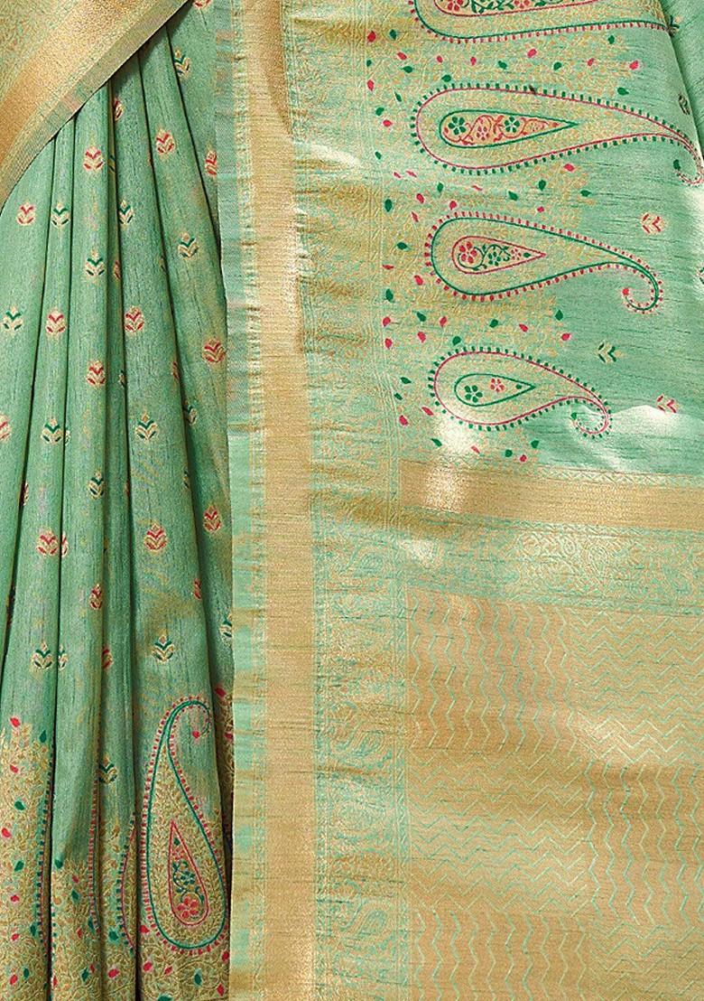 Sea Green Printed Woven Poly Blend Saree Set