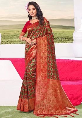 Green Printed Woven Poly Blend Saree Set