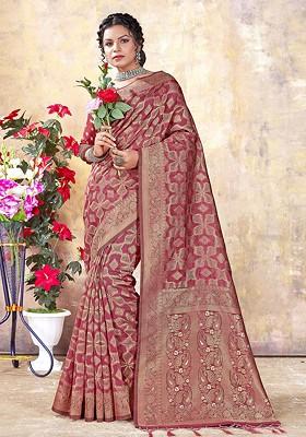 Pink Printed Woven Poly Blend Saree Set