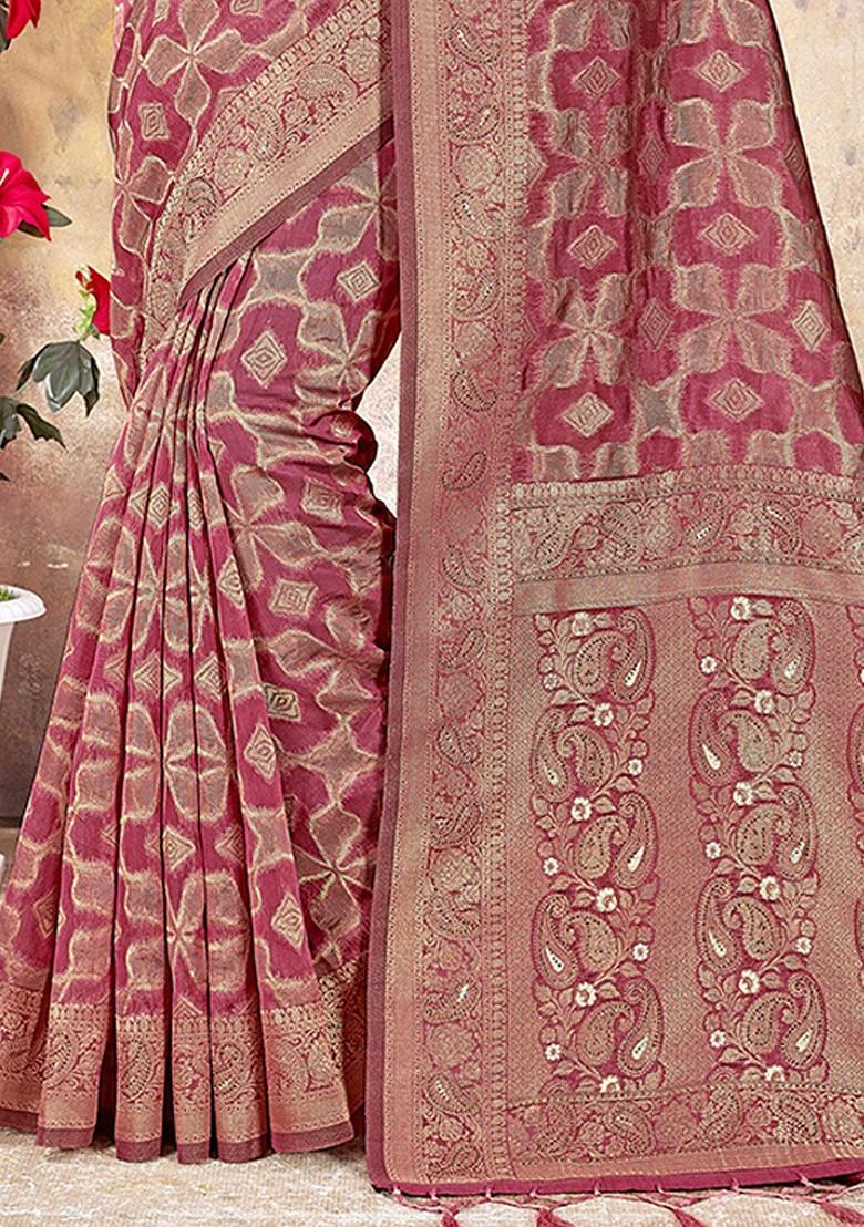 Pink Printed Woven Poly Blend Saree Set