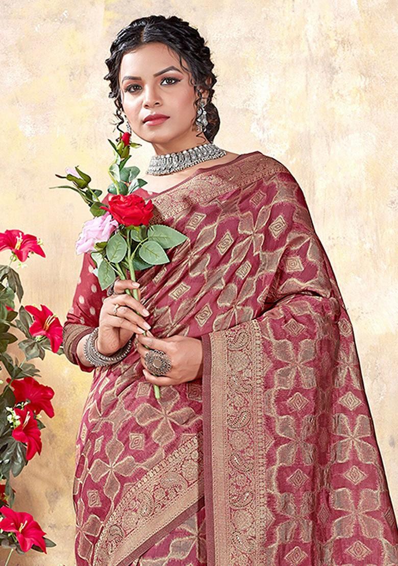 Pink Printed Woven Poly Blend Saree Set