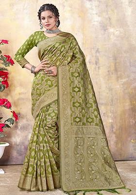 Green Printed Woven Poly Blend Saree Set