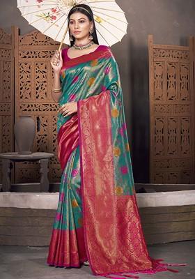 Sea Green Printed Woven Poly Blend Saree Set