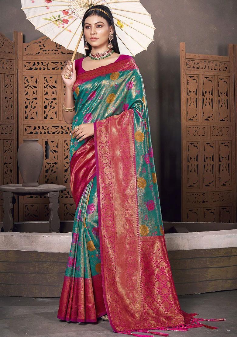 Sea Green Printed Woven Poly Blend Saree Set