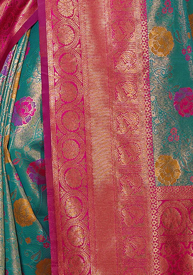 Sea Green Printed Woven Poly Blend Saree Set