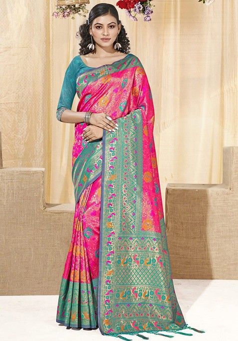 Pink Ethnic Motifs Woven Poly Blend Saree Set