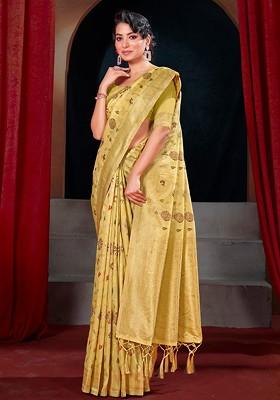 Yellow Floral Print Woven Poly Blend Saree Set