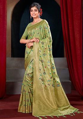 Green Floral Print Woven Poly Blend Saree Set