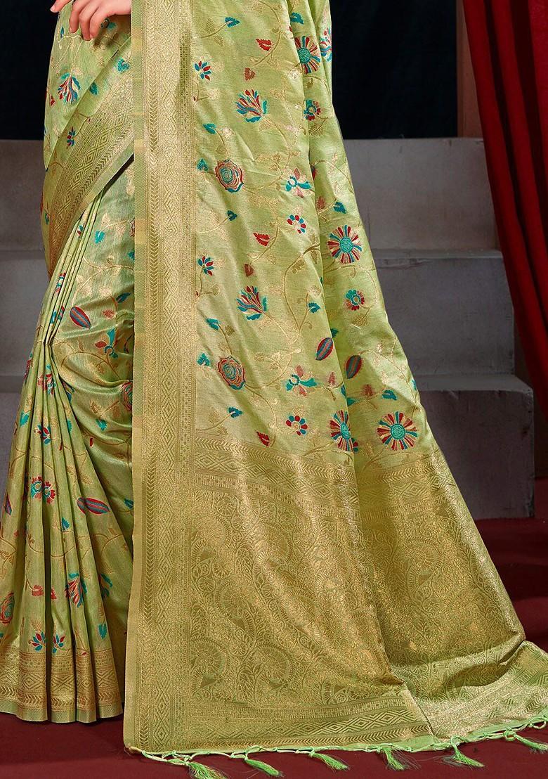 Green Floral Print Woven Poly Blend Saree Set