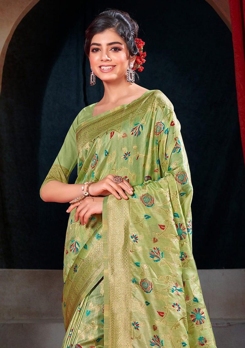 Green Floral Print Woven Poly Blend Saree Set