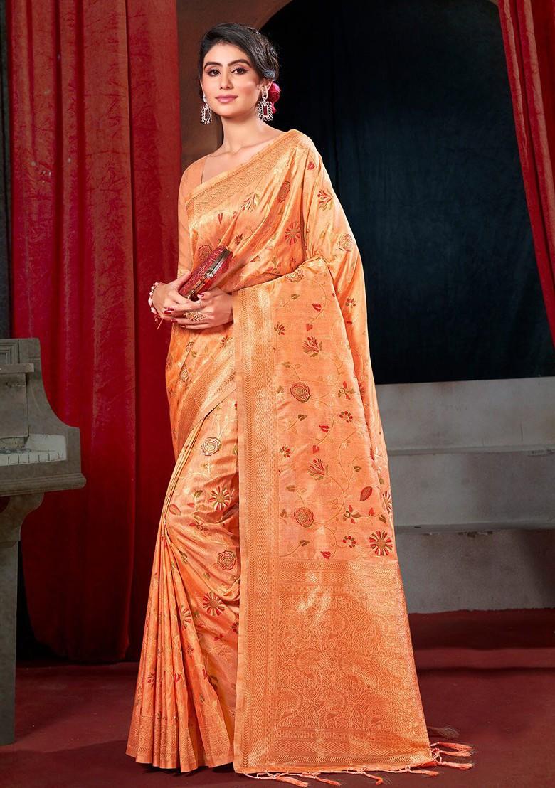 Orange Floral Print Woven Poly Blend Saree Set