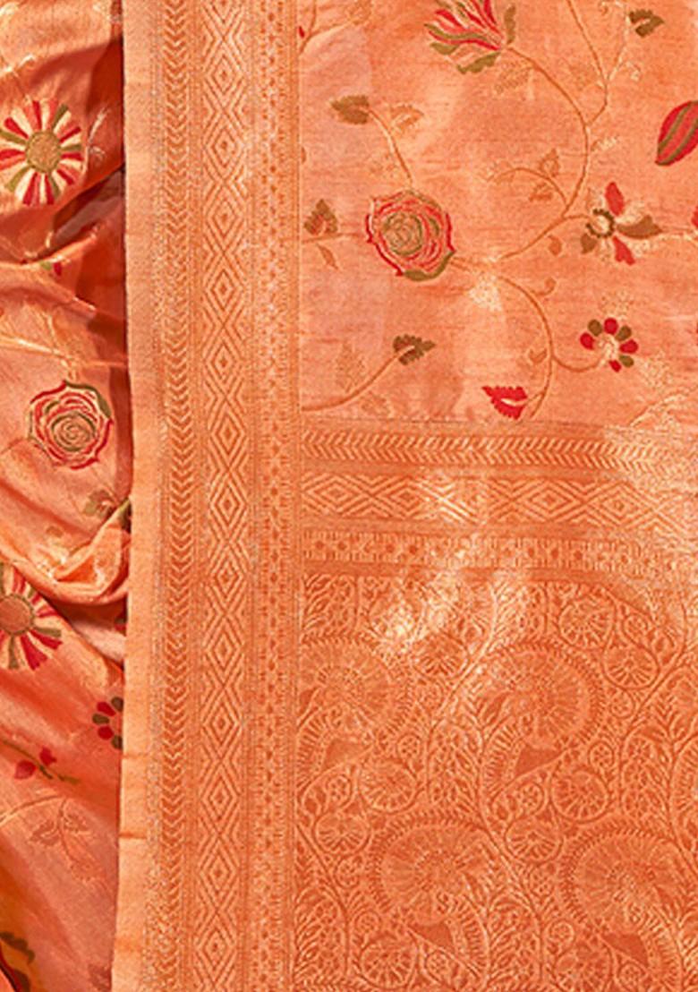 Orange Floral Print Woven Poly Blend Saree Set