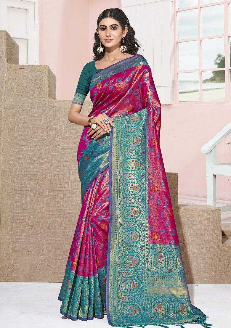 Pink Floral Print Woven Poly Blend Saree Set