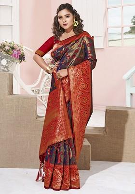 Violet Floral Print Woven Poly Blend Saree Set