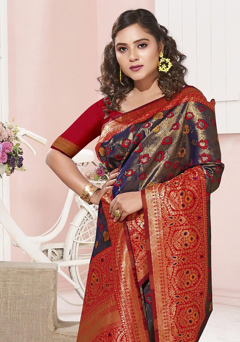 Violet Floral Print Woven Poly Blend Saree Set