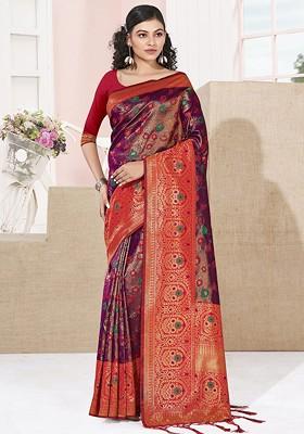 Purple Floral Print Woven Poly Blend Saree Set