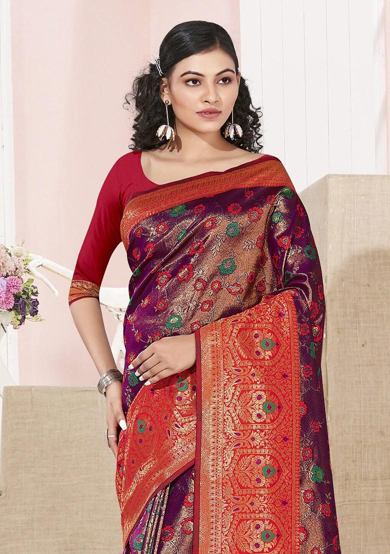 Purple Floral Print Woven Poly Blend Saree Set