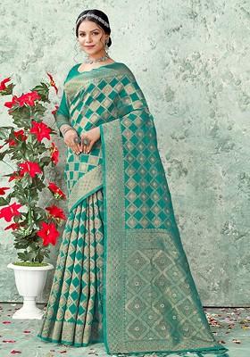 Sea Green Geometric Print Poly Blend Saree Set