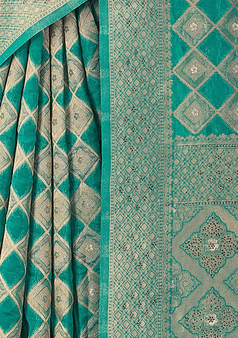 Sea Green Geometric Print Poly Blend Saree Set