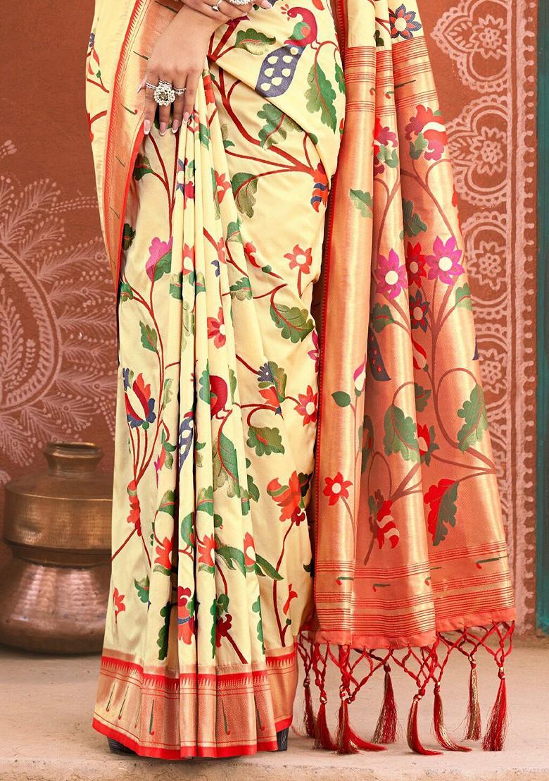 Yellow Floral Print Woven Poly Blend Saree Set