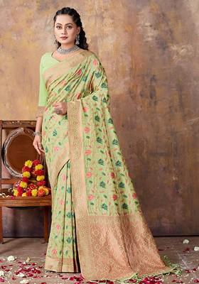 Green Floral Print Woven Poly Blend Saree Set