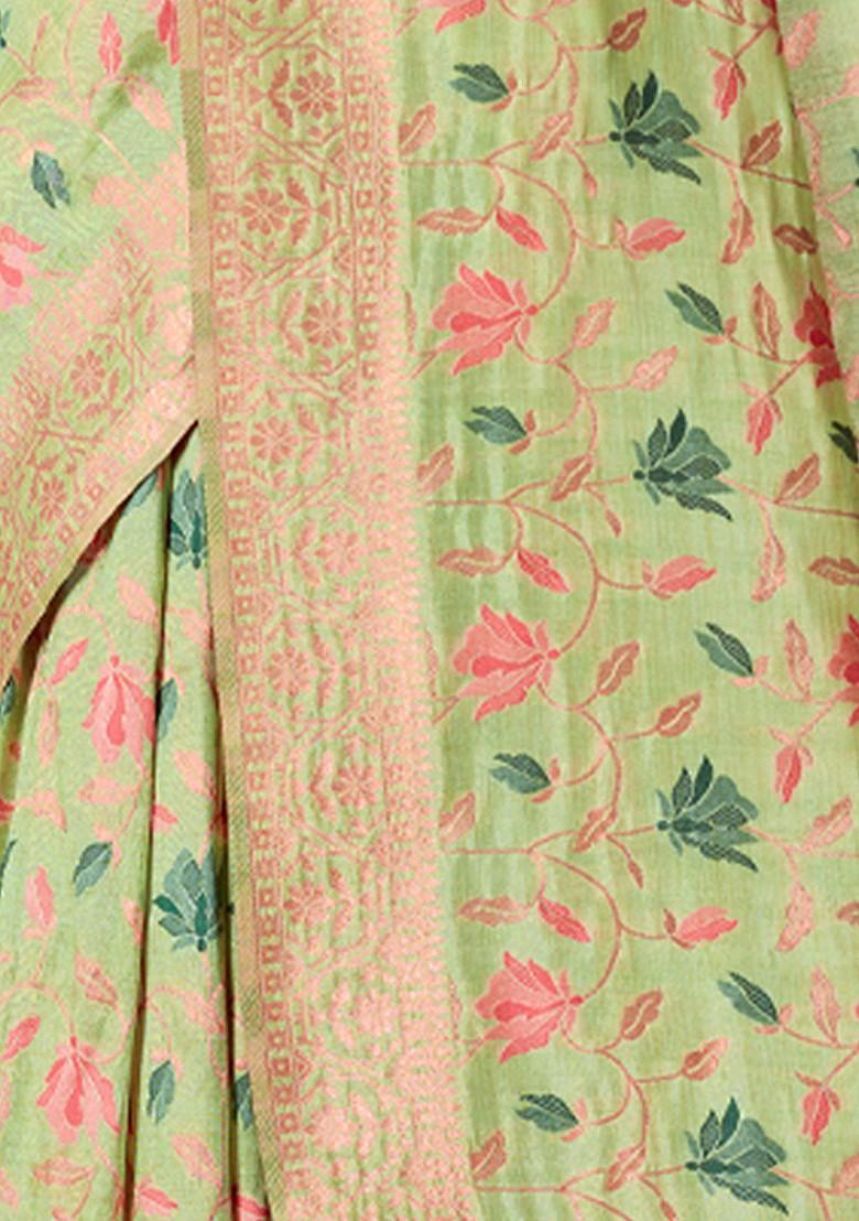 Green Floral Print Woven Poly Blend Saree Set