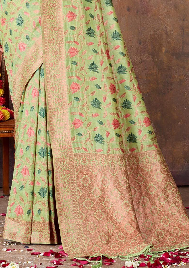 Green Floral Print Woven Poly Blend Saree Set