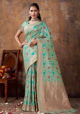 Sea Green Floral Print Woven Poly Blend Saree Set
