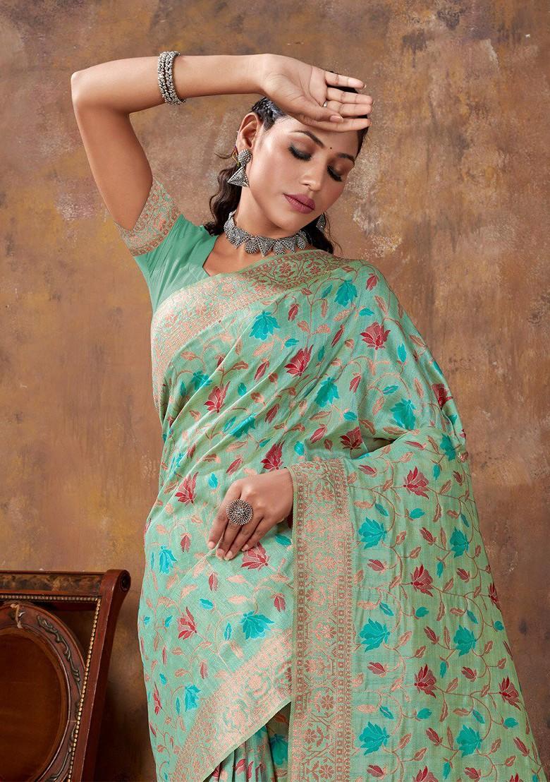 Sea Green Floral Print Woven Poly Blend Saree Set