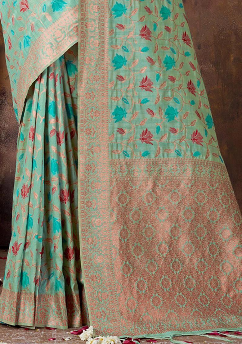 Sea Green Floral Print Woven Poly Blend Saree Set