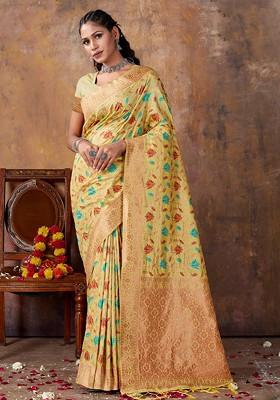 Yellow Floral Print Woven Poly Blend Saree Set