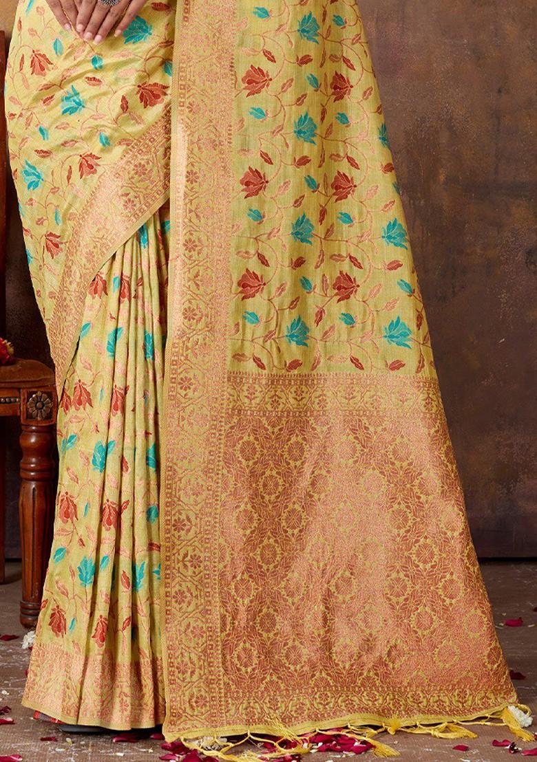 Yellow Floral Print Woven Poly Blend Saree Set