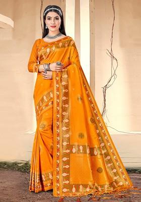 Yellow Ethnic Motifs Woven Poly Blend Saree Set