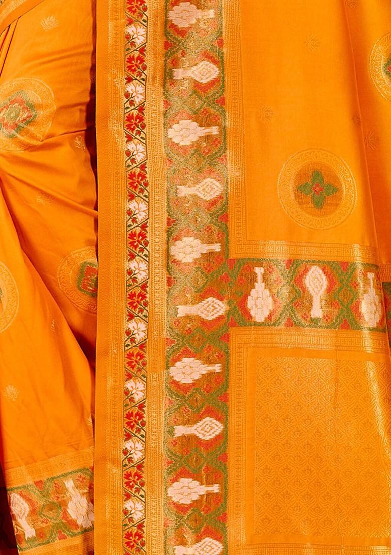 Yellow Ethnic Motifs Woven Poly Blend Saree Set