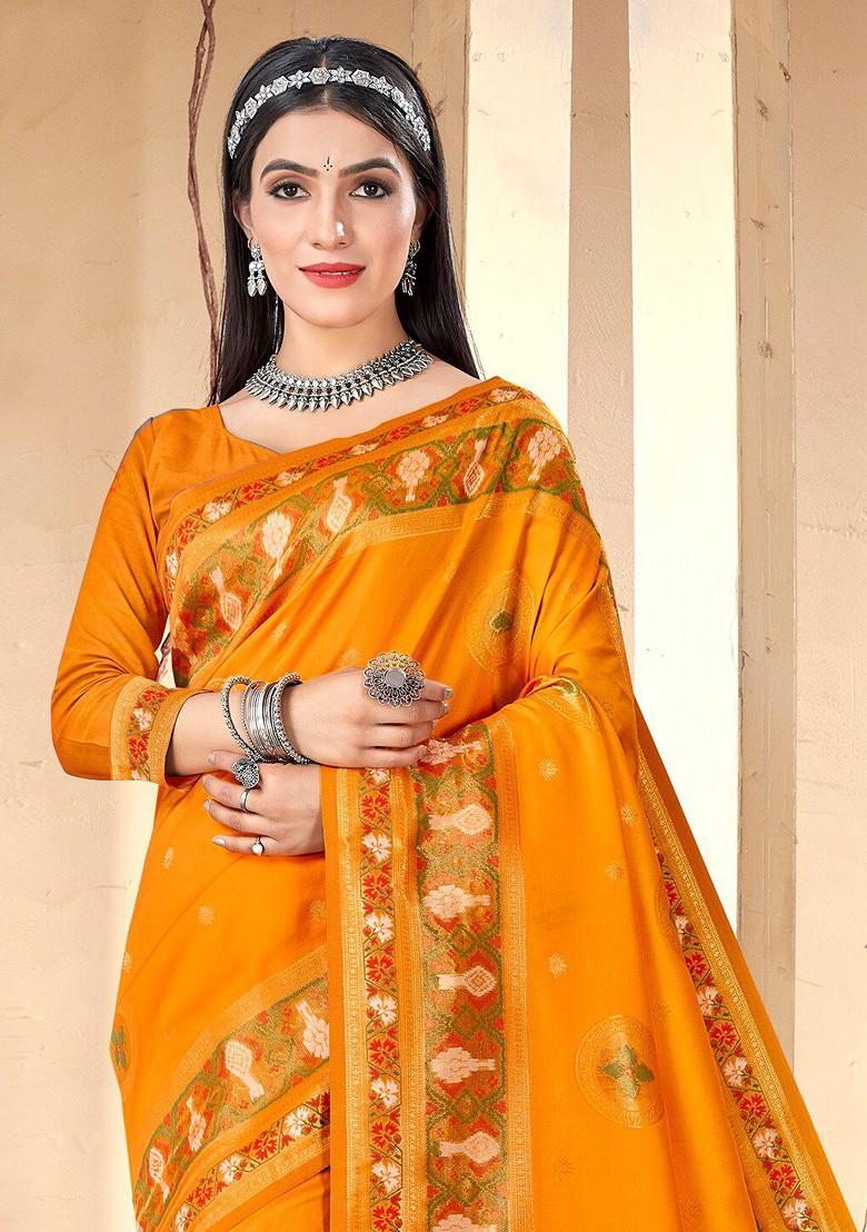 Yellow Ethnic Motifs Woven Poly Blend Saree Set