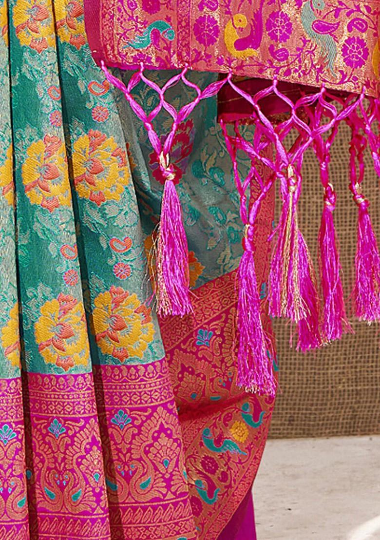 Sea Green Floral Print Woven Poly Blend Saree Set