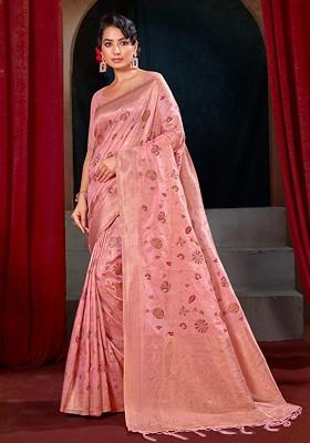 Pink Floral Print Woven Poly Blend Saree Set