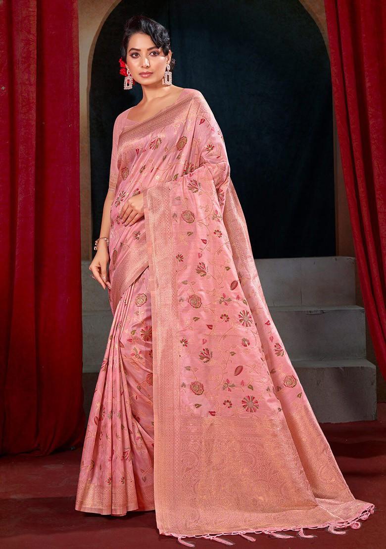 Pink Floral Print Woven Poly Blend Saree Set